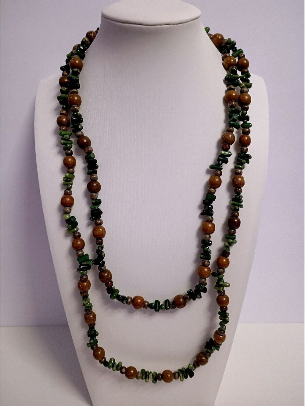 Vintage Rope Length Necklace with Natural Stones in Greens & Round Wooden Beads